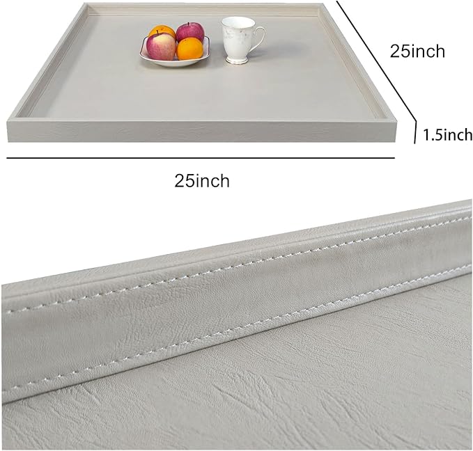 25 x 25 inches Luxury Leather Square Oversized Service Tray, Ottoman & Coffee Tray for Family Dinner, Out-of-House Picnic & Party (25 inch Beige)