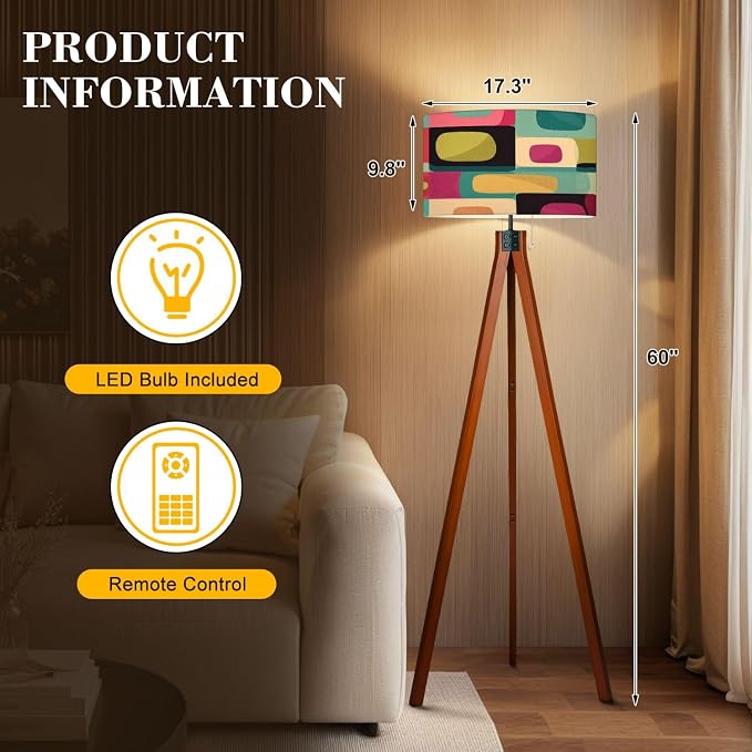 Wood Tripod Floor Lamp mid Century Style Seamless Mid Century Standing Lamp Linen Shade Dimmable Modern Tall lamp Home Decor for Living Room Bedroom Office