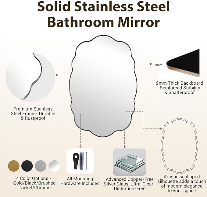 ANDY STAR Brushed Nickel Wavy Oval Mirror Scalloped Edge - Modern Bathroom Wall Mirror 22x30 Inch, Corrosion Resistant, Easy Clean SUS Frame