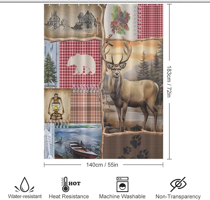Retro Bear Rustic Shower Curtain, Farmhouse Country Antique Moose Bear Forest Vintage Wood Hunting Camping Waterproof Shower Curtains for Bathroom Decor 12 Pack Hooks 55x72in（140x183cm）
