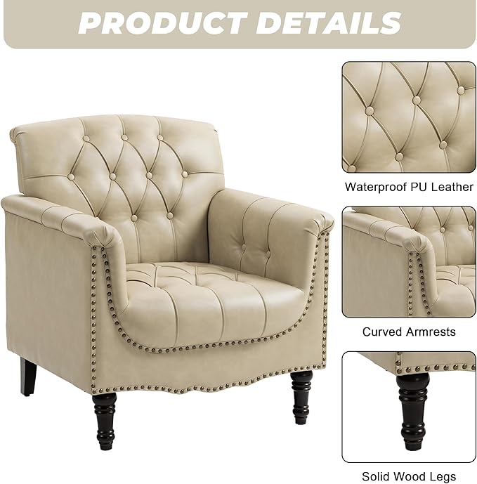 Lumibee Faux Leather Armchair, Contemporary Accent Chair with Nailhead Trims & Wood Legs for Living Room, Upholstered Comfy Arm Chair for Office,Bedroom-Beige
