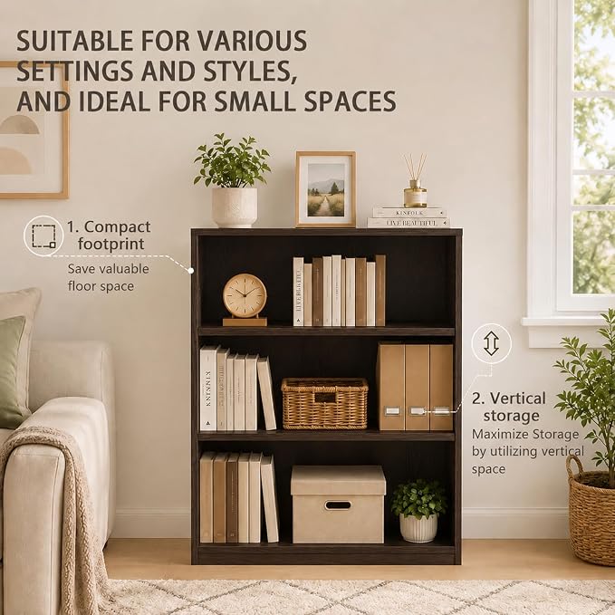 Wooden 3-Tier Bookshelf, Adjustable Open Storage Shelf Unit, 31.5" Tall Bookcase（Chocolate）