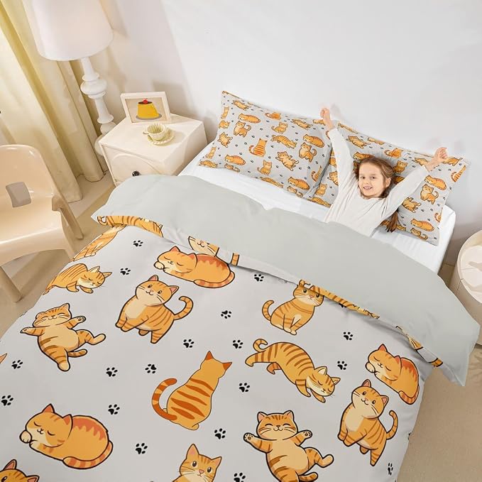 Erosebridal Cats Duvet Cover Queen Cute Kitten Bedding Set Cartoon Pets Animals Comforter Cover for Kids Girls Boys Adults Paw Print Bed Set