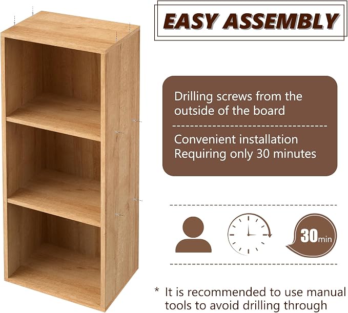 Wooden 3 Cube Storage Organizer, 3 Tier Storage Cubes Storage Display Cubby, Freestanding DIY Closet Shelving Unit for Living Room Bedroom Office (Oak, 3 Cube-W(11.8inch)