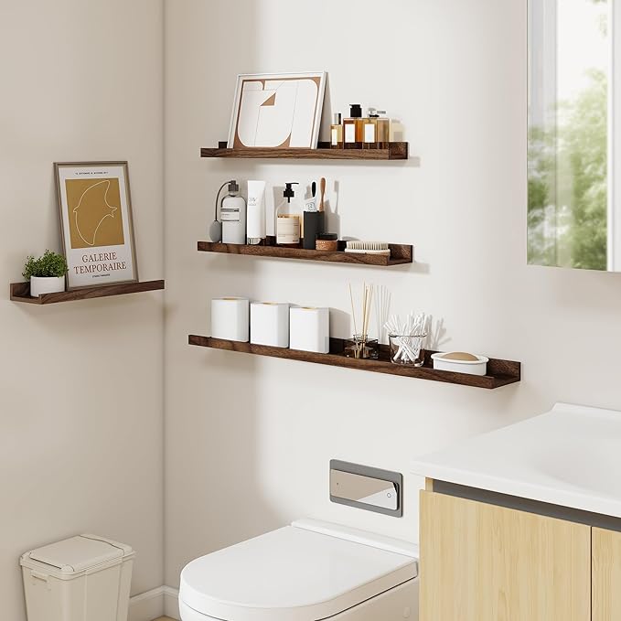 Picture Ledge Shelf, Floating Shelves Set of 6, 24 inch Long Picture Shelf for Wall with Lip, Wall Mounted Shelves for Bedroom, Living Room, Bathroom, Kitchen,Walnut