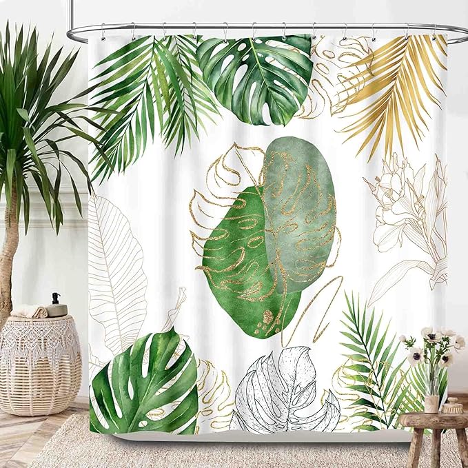 Sage Green Shower Curtains,Mid Century Modern Minimalist Olive Green Leaf Plant Shower Curtains for Bathroom Decor Set, Waterproof Cloth Fabric with Hooks 72x84Inch (183x183cm)