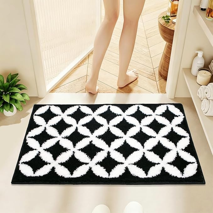 Civkor Black and White Bathroom Rug Non Slip Washable, Tufted Bath Mat for Bathroom with TPR Backing, Quick Dry Fluffy Microfiber Piles, Super Water Absorbent Thin Bath Rug Fit Under Door, 24x16Inch