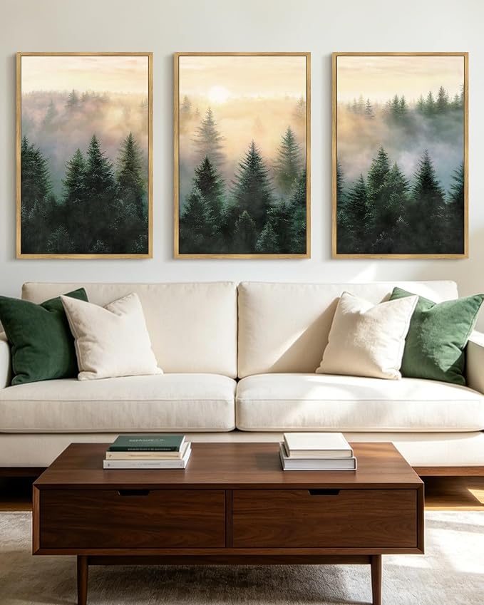 KUVIOKE Sun Dawn Fog Pine Tree Framed Wall Art Morden Nature Nordic Forests Artwork Bedroom Decor 24x36in (Natural Framed)