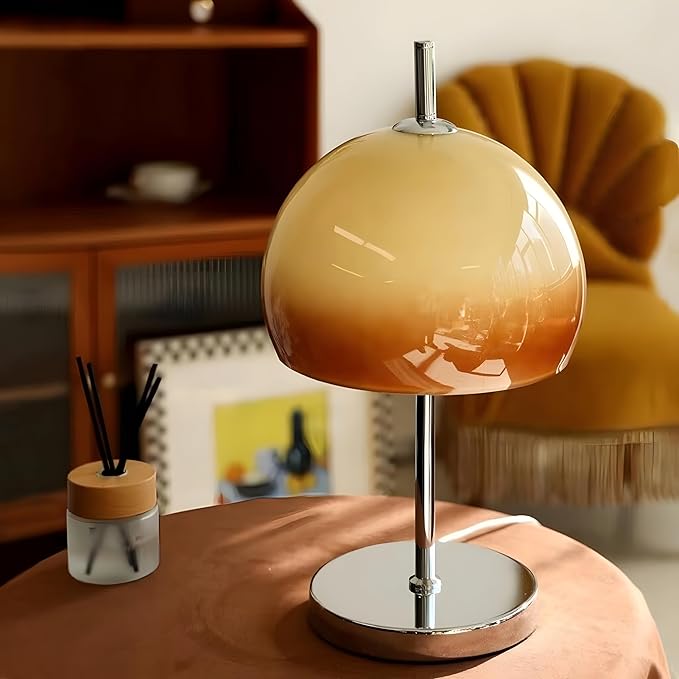 Bofea-Mid Century Modern Glass Table Lamps,Mushroom Desk Lamp with Orange Dome Glass Shade,Chromium Color Mushroom Lamp for Room Aesthetic Modern Lighting for Bedroom/Living Room.