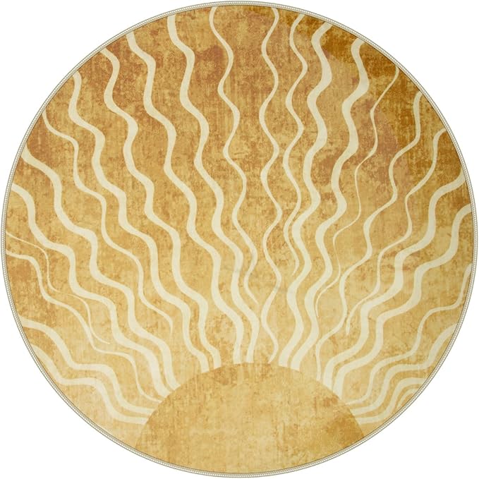 Wonnitar Sun Round Rug 4ft, Boho Soft Circle Rug for Kids Playroom Nursery, Gradient Yellow Washable Round Carpet for Bedroom Non-Slip Circle Carpet for Living Room Classroom