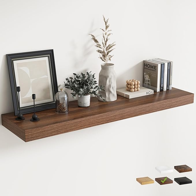 Marsmiles 12" Deep Floating Shelves for Wall with Invisible Brackets, Wall Mounted Engineered Wood Shelves with Wood Grain for Living Room, Bedroom, Kitchen Decor and Storage, 55" L Set of 1, Walnut