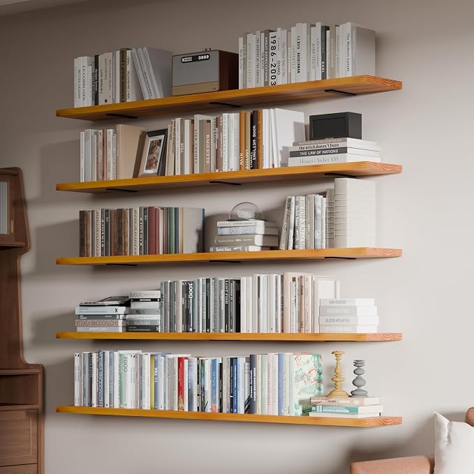 5 Tier Book Shelf,60 inch Long Floating Shelf for Wall,Wall Mounted Bookshelf for Living Room,Solid Wood Rustic Bookcase