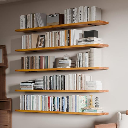 5 Tier Book Shelf,60 inch Long Floating Shelf for Wall,Wall Mounted Bookshelf for Living Room,Solid Wood Rustic Bookcase