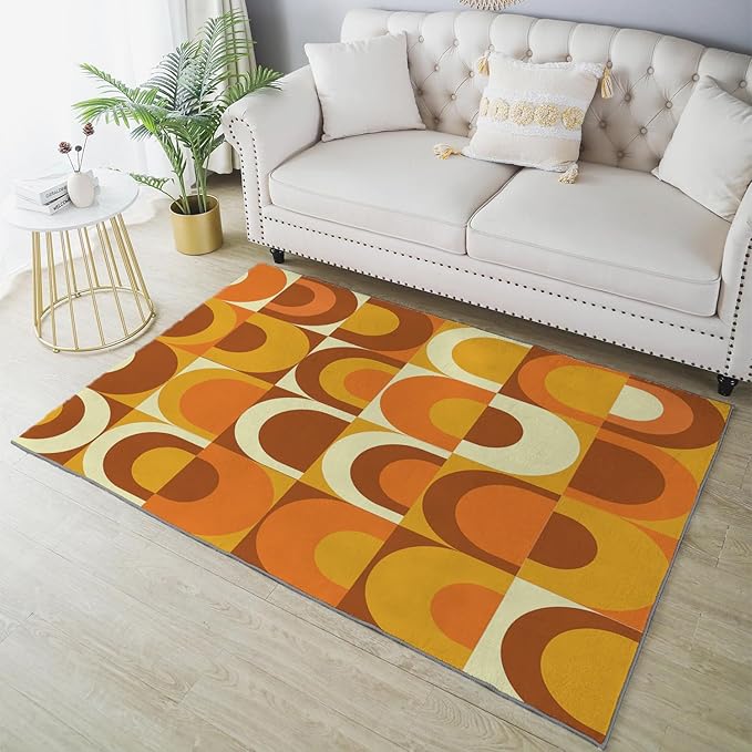 Ansouyi Orange and Yellow Non-Slip 5x7 ft Area Rugs, Washable Rug Carpet for Living Room, 70s Abstract Retro Circles Geometric Home Decor Rugs for Game Room Classroom Bedroom Dining Kindergarten Room