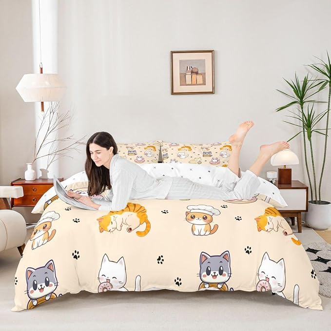 Erosebridal Cute Cats Comforter Cover Queen Cartoon Kitten Bedding Set Lovely Animals Pets Duvet Cover for Kids Girls Boys Adults Paw Print Bed Set