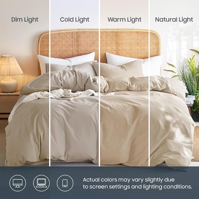 Wake In Cloud - Cotton Duvet Cover Set, 100% Washed Cotton, Linen Like Textured, Breathable Durable Comfy Farmhouse Neutral Bedding Set, 3 Pieces, Khaki Linen, Twin/Twin XL Size