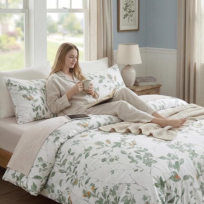 Floral Duvet Cover Queen Size 100% Cotton Reversible Green Floral Duvet Cover Set with Zipper Closure 3 Pcs Green Leaf Soft & Breathable Bedding Comforter Cover