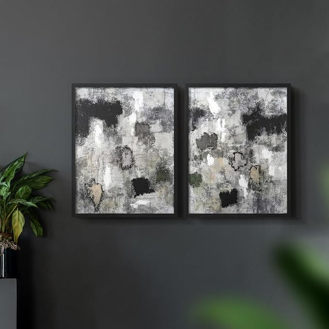 Renditions Gallery Set of 2 Peel & Stick Framed Prints, Abstract Wall Art, Hand Painted Black and White Pattern Wall Decor, Re-Stickable - Ready to Hang - 8"x10" - Black Frame LT588