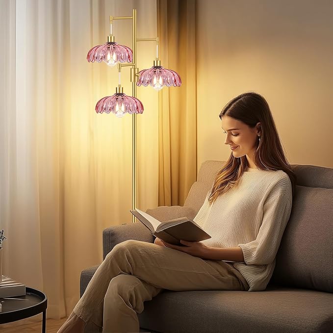 ZECOXOL Gold Floor Lamps for Living Room-3 Light Dimmable Floor Lamp with Three Bulbs & Glass Lampshape, Mid Century Modern Standing Lamp Tree Tall Flower Floor Lamp for Bedroom Living Room,Corner