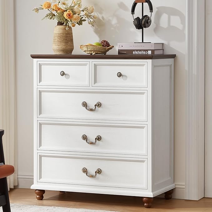 Farmhouse 5 Drawer Dresser Set of 2 for Bedroom, 35" Tall Rustic Chests of Drawers w/ 4 Solid Wood Feet, Mid Century Vintage Wooden Closet Storage Dressers Organizer for Living Room, White