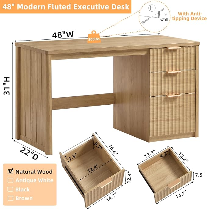 LEYAOYAO Office Desk 48" with 3 Drawers Storage File Cabinet Wood Fluted Desk for Computer Office Bedroom Home Furniture Natural