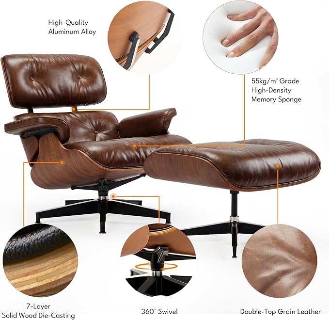 Top Grain Leather, Mid Century Chaise Lounge Chair and Ottoman, Reading Chair, Leather Accent Chair, Modern Chair, Classic Design, for Living Room Lounge Office,Retro Aged Leather, Walnut,Heightening