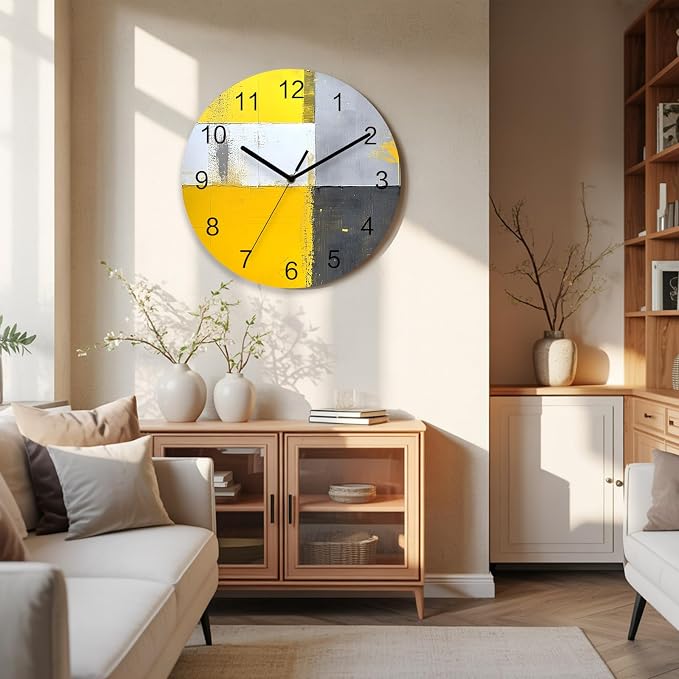 Abstract Style Wall Clock Battery Operated Non-Ticking 12" Round Wood Clocks, Yellow Gary Color Block Oil Painting Kitchen Wall Clock for School Bathroom Living Room Home Office Wall Decor