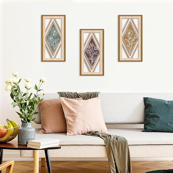 Celestdeco 3 Pcs Boho Flower Wall Decor,Boho Flower Wood Wall Art,Bohemian Floral Artwork Wooden,Botanical Modern Wood Art,Minimalist Wildflower Wooden Art Abstract for Living Room Bedroom Office