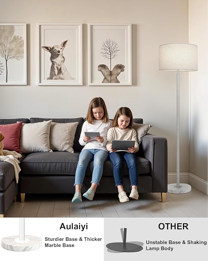 Brushed Nickel Floor Lamp for Living Room,Modern Standing Lamp with Marble Base,Tall Standing Lamp with Stepless Dimming & Linen Shade,Floor Lamp for Bedroom, Reading,Office,LED Bulb Included