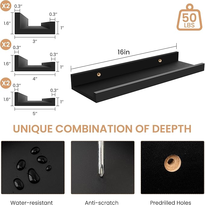 Floating Shelves Set of 6, 16 Inch Picture Ledge Shelf with Lip for Wall, Wall Mounted Display Shelf for Living Room, Bedroom, Nursery, Bathroom, Kitchen, Black