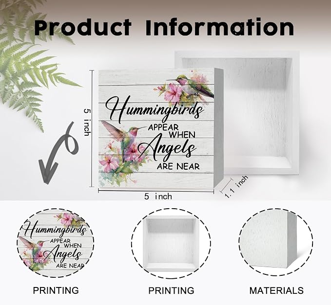 Hummingbird Decor, Hummingbird Gifts For Women, Hummingbirds Appear When Angels Are Near Wooden Box Signs, Farmhouse Floral Bird Wood Decoration Home Decor For Desk Table Shelf 5x5 Inch