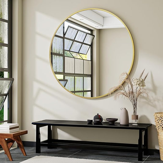 VooBang Large Gold Round Bathroom Mirror, 48 inch Circle Wall Mounted Hanging Mirror with Simple Modern Circular Metal Frame for Hallway, Entryway, Living Room, Gold Frame