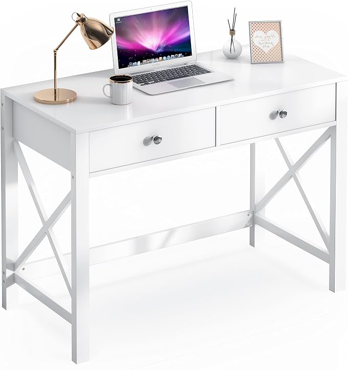 WiberWi Home Office Desk with Drawers, Modern Writing Computer Desk for Bedroom, Small Makeup Vanity Table Study Table for Home Office,White