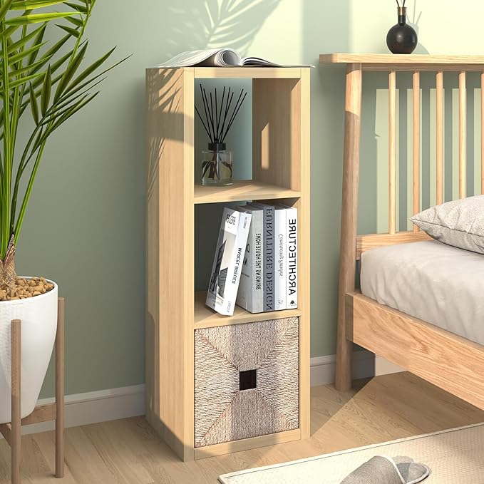 CTESNE【2026 Wooden Thick Frame 3 Cube Storage Organizer Shelf with Anti-Tipping Kits + Reversible Open Back Bookcase, Horizontal and Vertical Dual-use（Oak Color,11inch）