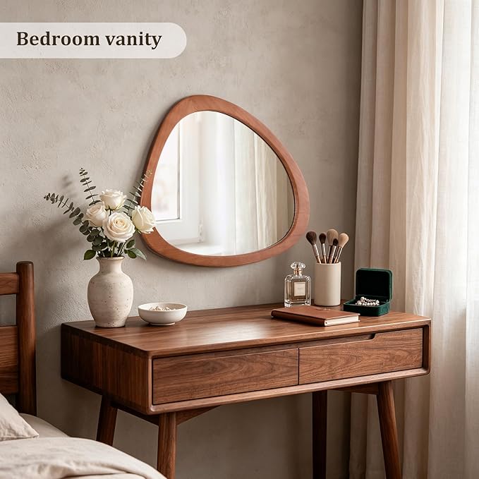 HOMECOOKIN 23.5" H x 19" W Asymmetrical Mirror, Irregular Wooden Wall Mirror for Bedroom, Living Room,Entryway– Mid-Century Modern Decorative Mirror, Solid Wood Frame, Pebble Shaped Design (Walnut)