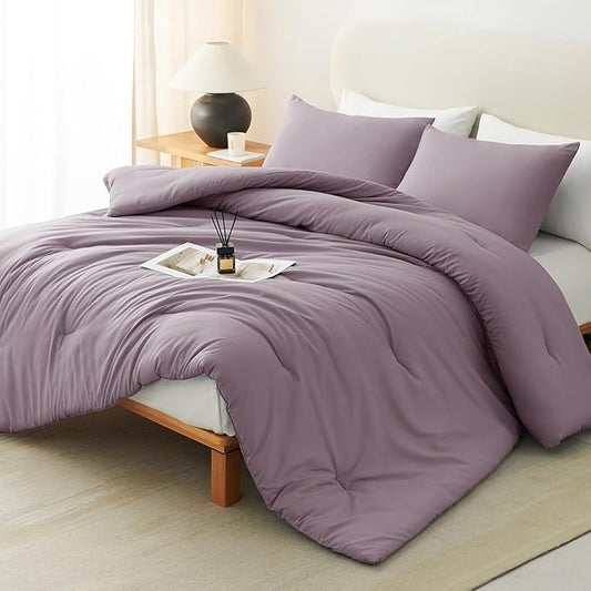 CozyLux Queen Comforter Set Dusty Purple, 3 Pieces Lightweight Comforters Queen Size Bedding Sets, Grayish Purple All Season Solid Down Alternative Comforter with 2 Pillowcases, Bed Set Gift for Home