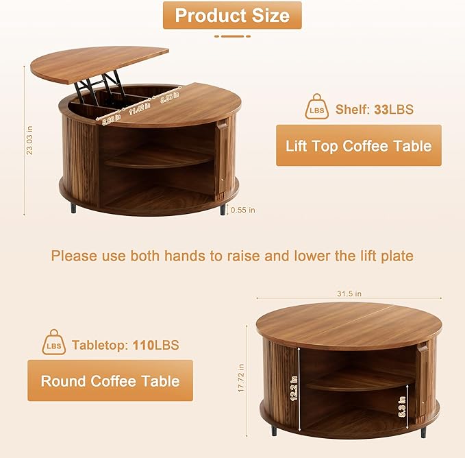 Round Lift Top Coffee Table, 31.5” Fluted Wood Lift Up Center Table with Sliding Door & Hidden Storage, Mid Century Modern Coffee Table for Living Room & Home Office (Walnut)