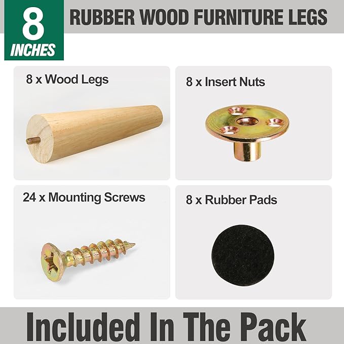 FoDau770 Rubber Wood Furniture Legs 8 Inches, Straight Tapered Wood Feet Mid Century Sofa Legs Set of 8, 5/16" UNC Furniture Feet Replacement Parts for Cabinet Couch Dresser Chair Ottoman Table