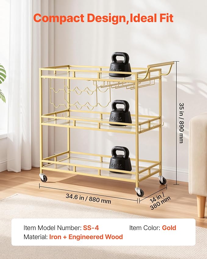 VEVOR Bar Cart, 3 Tiers Home Kitchen Serving Carts, Modern Rolling Utility Station on Wheels, Drink Beverage Trolley with Tempered Glass Shelves, Wine Rack, Glass Holder, for Living Dining Room, Gold