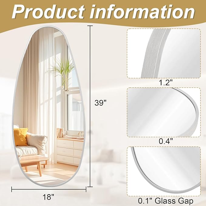 JJUUYOU Irregular Metal Frame Wall Mirror Asymmetrical Bathroom Mirror 39" X 18" Modern Horizontal or Vertical Wall Mounted Mirrors for Bedroom Living Room Bedroom Entryway Dorm,Silver