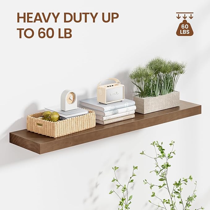 Heimlove 36 Inch Floating Shelves for Wall Walnut Shelves Set of 2,Wall Mounted Rustic Wood 8 Inch Deep Floating Shelf with Invisible Brackets for Bedroom Kitchen Living Room