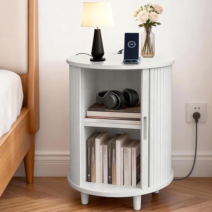DHH End Table Set of 2 with Storage & Charging Station, Fluted Accent Side Table with Sliding Door & Adjustable Shelf, Mid-Century Nightstand for Small Spaces, Living Room, Bedroom(2, White)