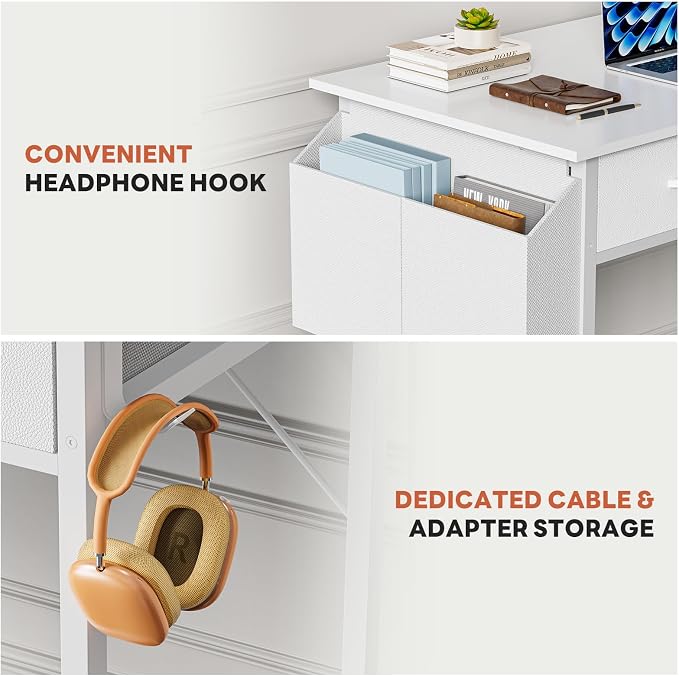 DUMOS 32" Home Office Computer Desk with Drawers, Small Gaming Writing Study Table with Storage Side Bag, Headphone Hook and Adjustable Feet for Bedroom White