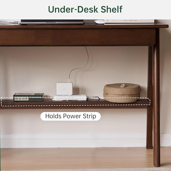 Walnut Color Home Office Desk, 100% Solid Rubber Wood Desk, Mid Century Modern Writing Computer Desk with Drawer for Sturdy Room, Bedroom 31.49" W