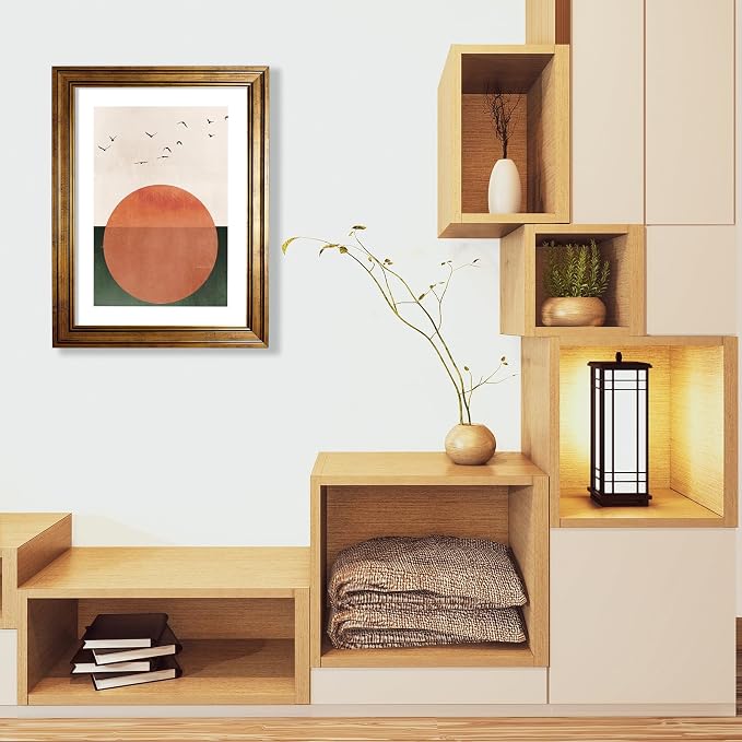 Gold Framed Japanese Minimalist Sunset With Bird Wall Art Nature Geometric Abstract Poster Modern Mid Century Eclectic Canvas Prints for Living Room Gallery Home Decor 16x20 inch