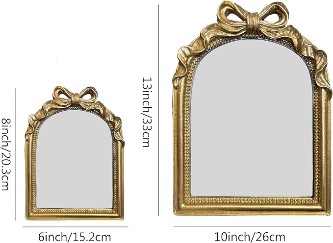 Vintage Carved Resin Desk Mirror - 8x6 Inch Decorative Vanity Mirror for Makeup, Dorm, Bedroom & Tabletop Deco (Bow Gold, 8" L x 6" W)