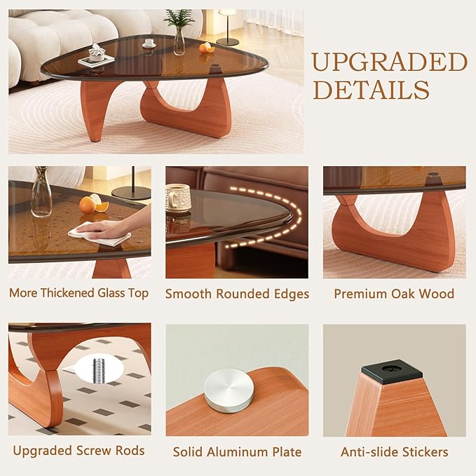 Coffee Table for Living Room Mid Century Modern Center Small Table with Glass Top and Wood, Walnut Brown