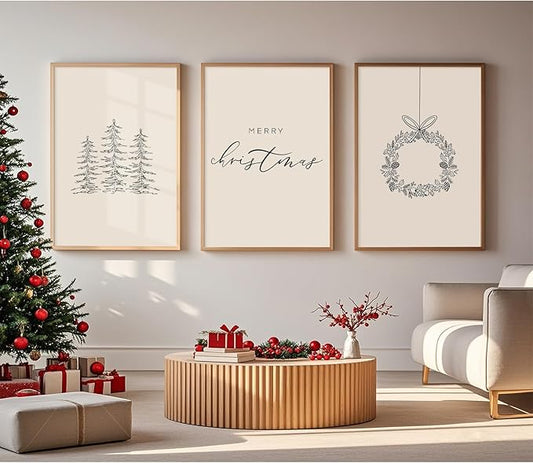 Baccone Christmas Wall Art Winter Xmas Canvas Decor Merry Christmas Wall Art Minimalist Vintage Painting Beige Farmhouse Prints Holiday Poster for Bathroom 16x24x3 Inch Unframed