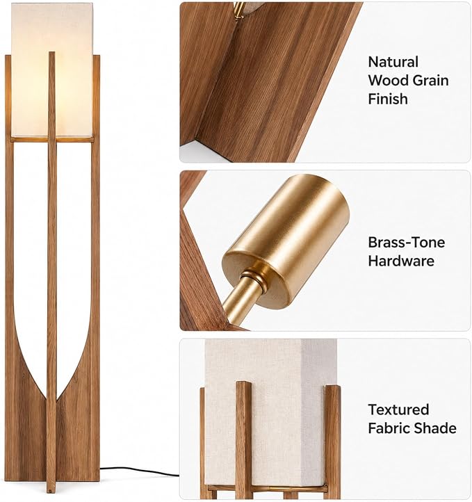 Solid Wood Floor Lamp, 57.1" Mid Century Modern Standing Lamp with Arch Base & Brass Hardware, Linen Shade for Living Room Bedroom Reading Corner, Walnut (LED Bulb Included)