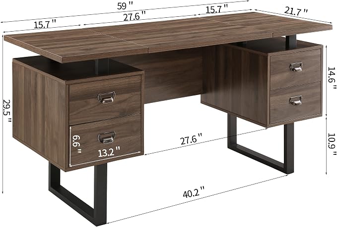 Computer Desk for Home Office with 4 Large Drawers, Rustic Wood Writing Study Table with Metal Frame, 59” x 21.7” x 29.5”, Easy Assembly, Brown CTSZ20401WA